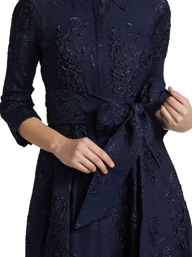 Teri Jon by Rickie Freeman Women's Three-Quarter Sleeve Metallic Jacquard Shirt Waist Gown - Navy | Thumbnail 6 Teri Jon by Rickie Freeman Women's Three-Quarter Sleeve Metallic Jacquard Shirt Waist Gown - Navy | Thumbnail 6