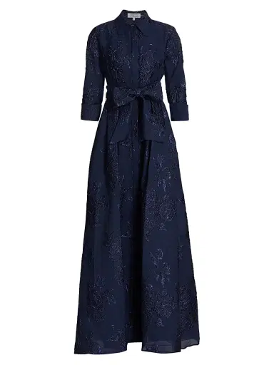 Teri Jon by Rickie Freeman Women's Three-Quarter Sleeve Metallic Jacquard Shirt Waist Gown - Navy | Thumbnail 1 Teri Jon by Rickie Freeman Women's Three-Quarter Sleeve Metallic Jacquard Shirt Waist Gown - Navy | Thumbnail 1