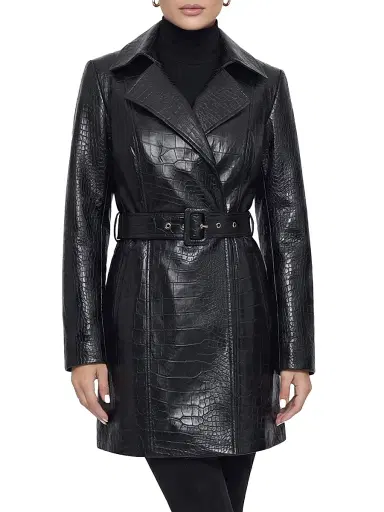 Gorski Women's Select Nappa Leather Croco Embossed Trench Coat, Belt - Black | Thumbnail 2 Gorski Women's Select Nappa Leather Croco Embossed Trench Coat, Belt - Black | Thumbnail 2