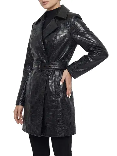 Gorski Women's Select Nappa Leather Croco Embossed Trench Coat, Belt - Black | Thumbnail 5 Gorski Women's Select Nappa Leather Croco Embossed Trench Coat, Belt - Black | Thumbnail 5