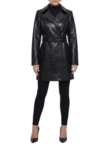 Gorski Women's Select Nappa Leather Croco Embossed Trench Coat, Belt - Black | Thumbnail 6 Gorski Women's Select Nappa Leather Croco Embossed Trench Coat, Belt - Black | Thumbnail 6