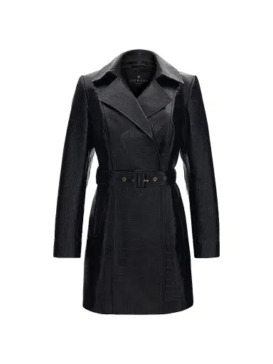 Gorski Women's Select Nappa Leather Croco Embossed Trench Coat, Belt - Black | Thumbnail 1 Gorski Women's Select Nappa Leather Croco Embossed Trench Coat, Belt - Black | Thumbnail 1