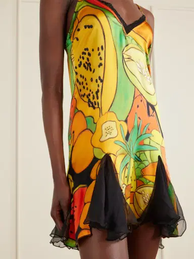 Donde Esteban Frutas Ruffled Lace-trimmed Printed Silk-blend Satin And Chiffon Mini Dress | Thumbnail 4 Donde Esteban Frutas Ruffled Lace-trimmed Printed Silk-blend Satin And Chiffon Mini Dress | Thumbnail 4
