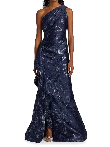 Teri Jon by Rickie Freeman Women's Jacquard One-Shoulder Gown - Navy | Thumbnail 3 Teri Jon by Rickie Freeman Women's Jacquard One-Shoulder Gown - Navy | Thumbnail 3