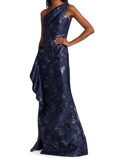 Teri Jon by Rickie Freeman Women's Jacquard One-Shoulder Gown - Navy | Thumbnail 4 Teri Jon by Rickie Freeman Women's Jacquard One-Shoulder Gown - Navy | Thumbnail 4