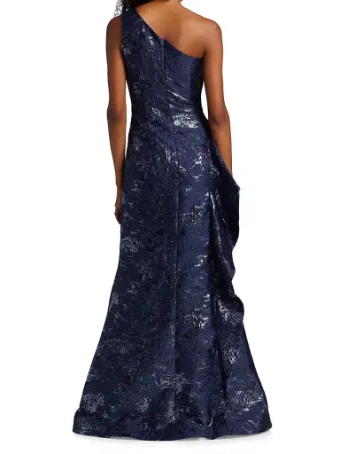 Teri Jon by Rickie Freeman Women's Jacquard One-Shoulder Gown - Navy | Thumbnail 5 Teri Jon by Rickie Freeman Women's Jacquard One-Shoulder Gown - Navy | Thumbnail 5