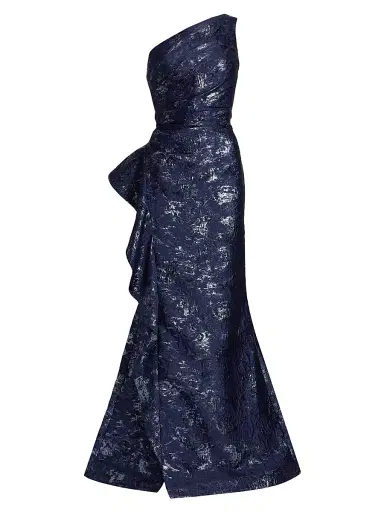 Teri Jon by Rickie Freeman Women's Jacquard One-Shoulder Gown - Navy | Thumbnail 1 Teri Jon by Rickie Freeman Women's Jacquard One-Shoulder Gown - Navy | Thumbnail 1