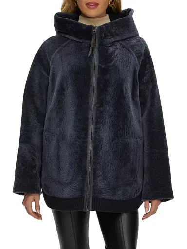 Gorski Women's Reversible Textured Shearling Lamb Zip Parka with Ribbed Hem - Dark Blue - Size Small | Thumbnail 4 Gorski Women's Reversible Textured Shearling Lamb Zip Parka with Ribbed Hem - Dark Blue - Size Small | Thumbnail 4
