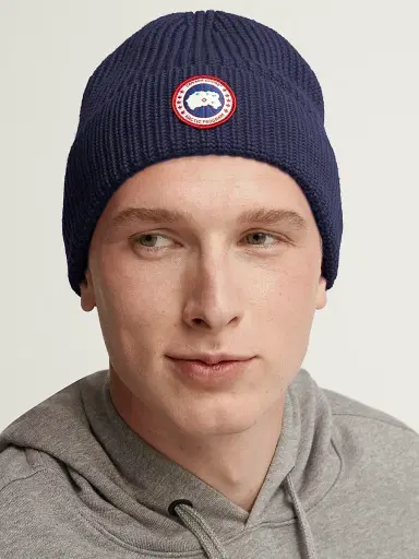 Canada Goose Men's Arctic Logo Patch Wool Beanie - Navy Heather | Thumbnail 2 Canada Goose Men's Arctic Logo Patch Wool Beanie - Navy Heather | Thumbnail 2