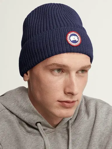 Canada Goose Men's Arctic Logo Patch Wool Beanie - Navy Heather | Thumbnail 3 Canada Goose Men's Arctic Logo Patch Wool Beanie - Navy Heather | Thumbnail 3