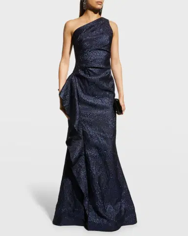 Rickie Freeman for Teri Jon One-Shoulder Jacquard Side-Ruffle Gown | Thumbnail 2 Rickie Freeman for Teri Jon One-Shoulder Jacquard Side-Ruffle Gown | Thumbnail 2