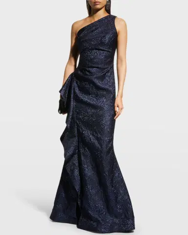 Rickie Freeman for Teri Jon One-Shoulder Jacquard Side-Ruffle Gown | Thumbnail 3 Rickie Freeman for Teri Jon One-Shoulder Jacquard Side-Ruffle Gown | Thumbnail 3