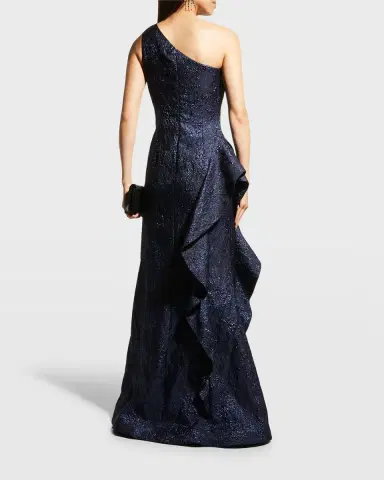 Rickie Freeman for Teri Jon One-Shoulder Jacquard Side-Ruffle Gown | Thumbnail 4 Rickie Freeman for Teri Jon One-Shoulder Jacquard Side-Ruffle Gown | Thumbnail 4