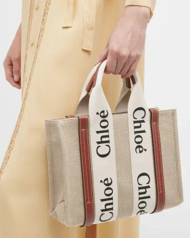 Chloé Woody Small Tote Bag in Linen with Crossbody Strap | Thumbnail 3 Chloé Woody Small Tote Bag in Linen with Crossbody Strap | Thumbnail 3