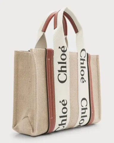 Chloé Woody Small Tote Bag in Linen with Crossbody Strap | Thumbnail 5 Chloé Woody Small Tote Bag in Linen with Crossbody Strap | Thumbnail 5