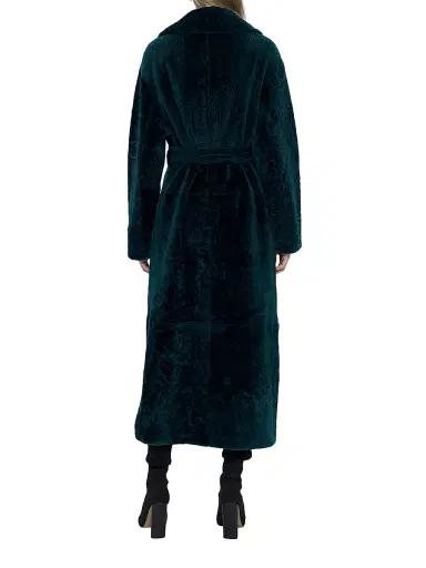 Gorski Women's Reversible Textured Shearling Lamb Coat with Side Slits Belt - Emerald - Size Medium | Thumbnail 3 Gorski Women's Reversible Textured Shearling Lamb Coat with Side Slits Belt - Emerald - Size Medium | Thumbnail 3