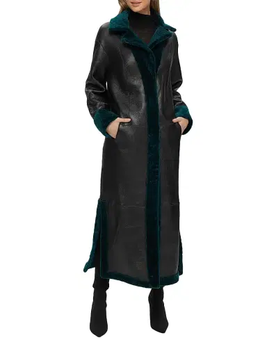 Gorski Women's Reversible Textured Shearling Lamb Coat with Side Slits Belt - Emerald - Size Medium | Thumbnail 4 Gorski Women's Reversible Textured Shearling Lamb Coat with Side Slits Belt - Emerald - Size Medium | Thumbnail 4