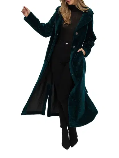Gorski Women's Reversible Textured Shearling Lamb Coat with Side Slits Belt - Emerald - Size Medium | Thumbnail 5 Gorski Women's Reversible Textured Shearling Lamb Coat with Side Slits Belt - Emerald - Size Medium | Thumbnail 5