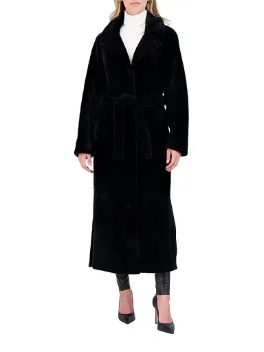 Gorski Women's Reversible Textured Shearling Lamb Coat with Side Slits Belt - Black - Size Large | Thumbnail 2 Gorski Women's Reversible Textured Shearling Lamb Coat with Side Slits Belt - Black - Size Large | Thumbnail 2