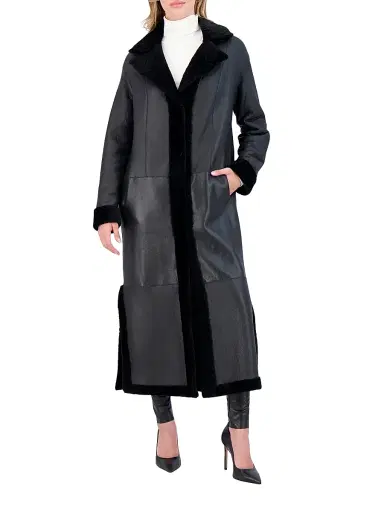 Gorski Women's Reversible Textured Shearling Lamb Coat with Side Slits Belt - Black - Size Large | Thumbnail 5 Gorski Women's Reversible Textured Shearling Lamb Coat with Side Slits Belt - Black - Size Large | Thumbnail 5