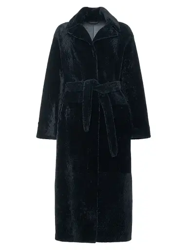 Gorski Women's Reversible Textured Shearling Lamb Coat with Side Slits Belt - Black - Size Large | Thumbnail 1 Gorski Women's Reversible Textured Shearling Lamb Coat with Side Slits Belt - Black - Size Large | Thumbnail 1
