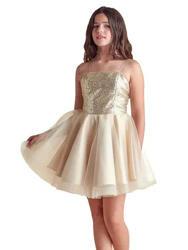 Un Deux Trois Girl's Sequin Fit-And-Flare Tulle Dress - Gold | Thumbnail 2 Un Deux Trois Girl's Sequin Fit-And-Flare Tulle Dress - Gold | Thumbnail 2