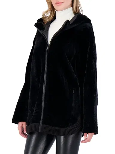 Gorski Women's Reversible Textured Shearling Lamb Zip Parka with Ribbed Hem - Black - Size XL | Thumbnail 2 Gorski Women's Reversible Textured Shearling Lamb Zip Parka with Ribbed Hem - Black - Size XL | Thumbnail 2
