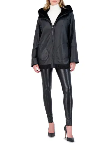 Gorski Women's Reversible Textured Shearling Lamb Zip Parka with Ribbed Hem - Black - Size XL | Thumbnail 4 Gorski Women's Reversible Textured Shearling Lamb Zip Parka with Ribbed Hem - Black - Size XL | Thumbnail 4