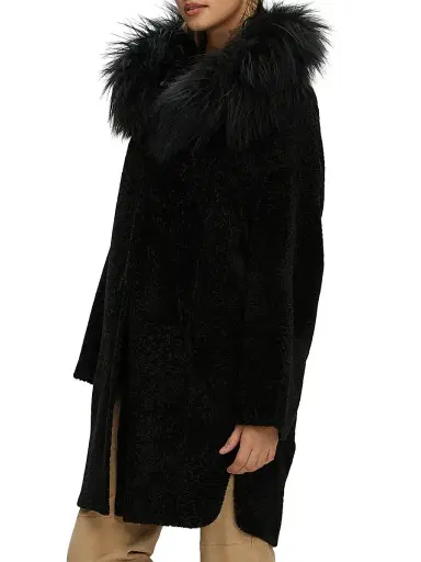 Gorski Women's Reversible New Zealand Shearling Lamb Stroller with Select Mongolian Lamb Hood Trim - Black - Size Small | Thumbnail 3 Gorski Women's Reversible New Zealand Shearling Lamb Stroller with Select Mongolian Lamb Hood Trim - Black - Size Small | Thumbnail 3