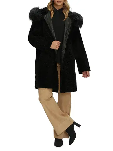 Gorski Women's Reversible New Zealand Shearling Lamb Stroller with Select Mongolian Lamb Hood Trim - Black - Size Small | Thumbnail 5 Gorski Women's Reversible New Zealand Shearling Lamb Stroller with Select Mongolian Lamb Hood Trim - Black - Size Small | Thumbnail 5