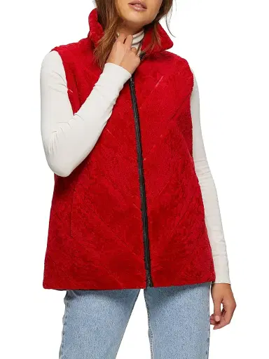 Gorski Women's Textured Shearling Lamb Zip Vest Reversible To Taffeta - Red - Size Small | Thumbnail 2 Gorski Women's Textured Shearling Lamb Zip Vest Reversible To Taffeta - Red - Size Small | Thumbnail 2