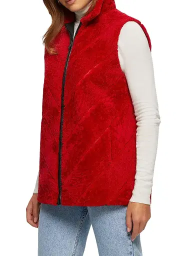 Gorski Women's Textured Shearling Lamb Zip Vest Reversible To Taffeta - Red - Size Small | Thumbnail 3 Gorski Women's Textured Shearling Lamb Zip Vest Reversible To Taffeta - Red - Size Small | Thumbnail 3