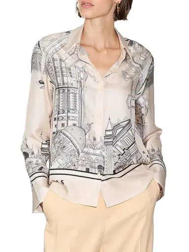 Callas Milano Women's Silk Twill Shirt with Venice Scarf Print Back - Travertine White | Thumbnail 2 Callas Milano Women's Silk Twill Shirt with Venice Scarf Print Back - Travertine White | Thumbnail 2