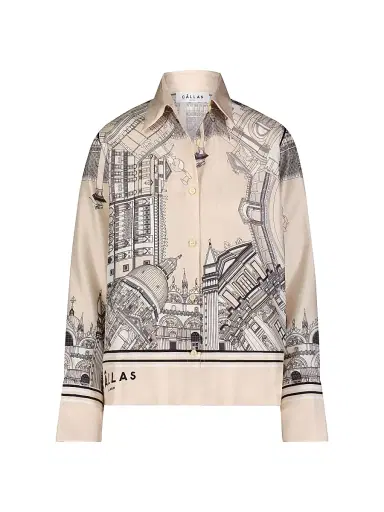Callas Milano Women's Silk Twill Shirt with Venice Scarf Print Back - Travertine White | Thumbnail 1 Callas Milano Women's Silk Twill Shirt with Venice Scarf Print Back - Travertine White | Thumbnail 1