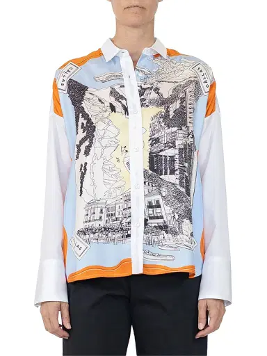 Callas Milano Women's Sirene Silk Scarf Front Shirt - White Orange | Thumbnail 2 Callas Milano Women's Sirene Silk Scarf Front Shirt - White Orange | Thumbnail 2