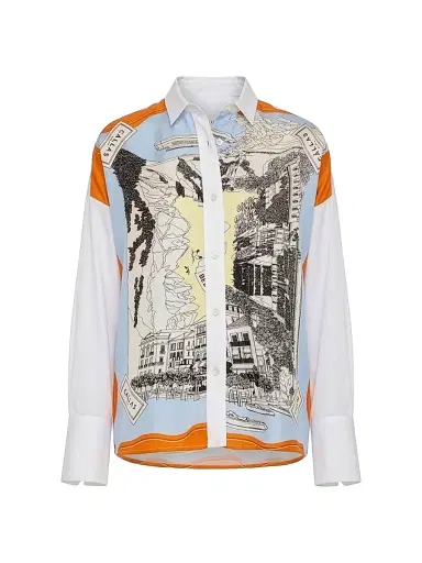 Callas Milano Women's Sirene Silk Scarf Front Shirt - White Orange | Thumbnail 1 Callas Milano Women's Sirene Silk Scarf Front Shirt - White Orange | Thumbnail 1