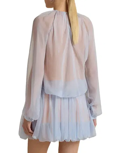 Marina Moscone Women's Silk Long Sleeve Gathered Blouse - Cornflower | Thumbnail 4 Marina Moscone Women's Silk Long Sleeve Gathered Blouse - Cornflower | Thumbnail 4