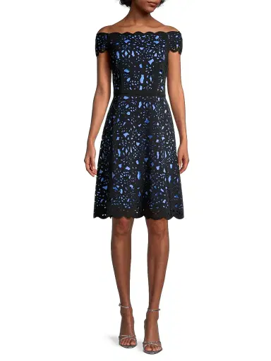 Shani Women's Off-The-Shoulder Laser Cut Dress - Black Blue | Thumbnail 2 Shani Women's Off-The-Shoulder Laser Cut Dress - Black Blue | Thumbnail 2