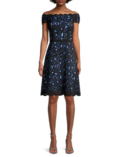 Shani Women's Off-The-Shoulder Laser Cut Dress - Black Blue | Thumbnail 3 Shani Women's Off-The-Shoulder Laser Cut Dress - Black Blue | Thumbnail 3