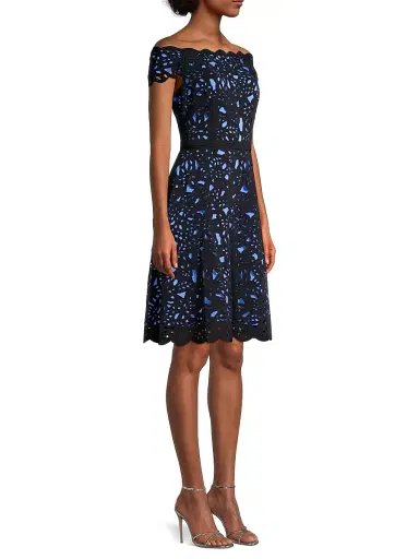 Shani Women's Off-The-Shoulder Laser Cut Dress - Black Blue | Thumbnail 4 Shani Women's Off-The-Shoulder Laser Cut Dress - Black Blue | Thumbnail 4