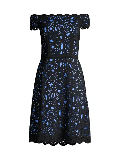 Shani Women's Off-The-Shoulder Laser Cut Dress - Black Blue | Thumbnail 1 Shani Women's Off-The-Shoulder Laser Cut Dress - Black Blue | Thumbnail 1