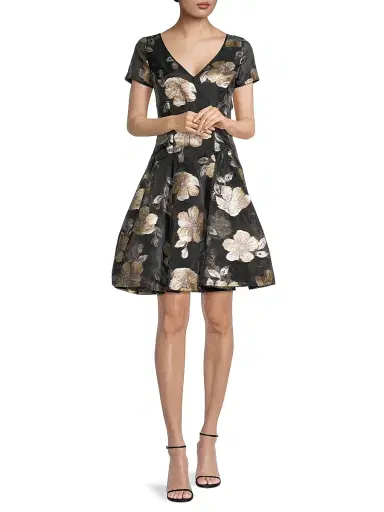 Shani Women's Floral Jacquard Fit & Flare Minidress - Black Gold - Size 14 | Thumbnail 2 Shani Women's Floral Jacquard Fit & Flare Minidress - Black Gold - Size 14 | Thumbnail 2