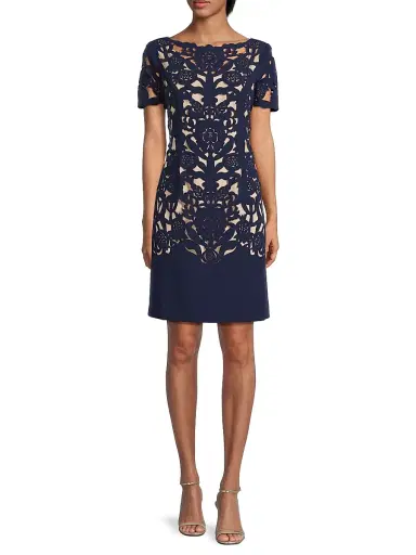 Shani Women's Floral Crepe Laser-Cut Sheath Dress - Navy | Thumbnail 2 Shani Women's Floral Crepe Laser-Cut Sheath Dress - Navy | Thumbnail 2