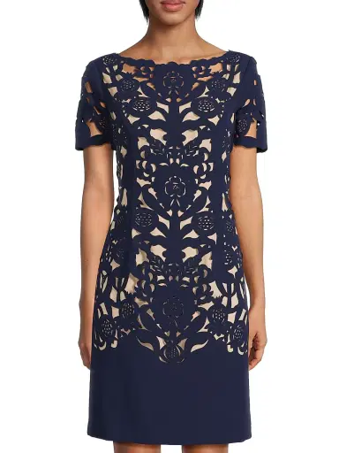 Shani Women's Floral Crepe Laser-Cut Sheath Dress - Navy | Thumbnail 3 Shani Women's Floral Crepe Laser-Cut Sheath Dress - Navy | Thumbnail 3