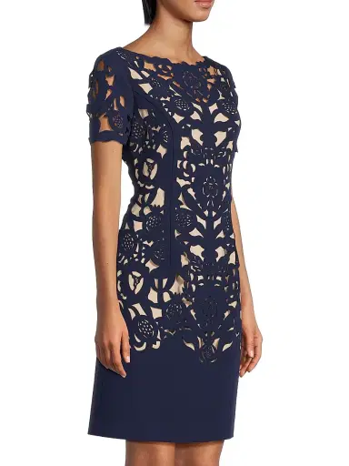 Shani Women's Floral Crepe Laser-Cut Sheath Dress - Navy | Thumbnail 4 Shani Women's Floral Crepe Laser-Cut Sheath Dress - Navy | Thumbnail 4