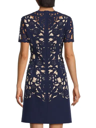 Shani Women's Floral Crepe Laser-Cut Sheath Dress - Navy | Thumbnail 5 Shani Women's Floral Crepe Laser-Cut Sheath Dress - Navy | Thumbnail 5