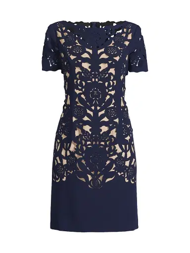 Shani Women's Floral Crepe Laser-Cut Sheath Dress - Navy | Thumbnail 1 Shani Women's Floral Crepe Laser-Cut Sheath Dress - Navy | Thumbnail 1