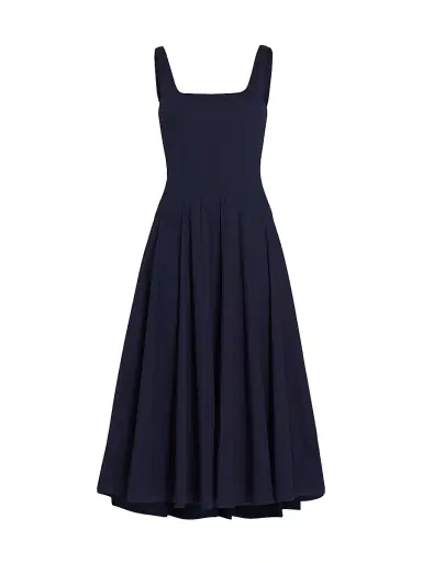 Staud Women's Wells Cotton Poplin A-Line Midi-Dress - Navy | Thumbnail 1 Staud Women's Wells Cotton Poplin A-Line Midi-Dress - Navy | Thumbnail 1