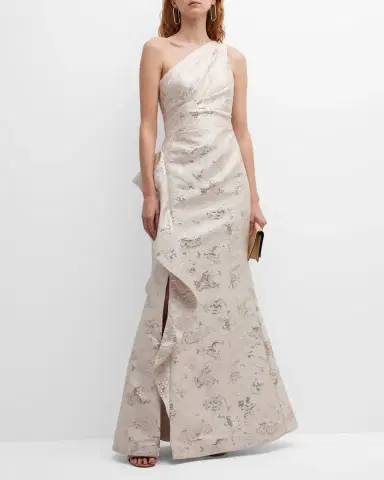Rickie Freeman for Teri Jon Metallic Jacquard One-Shoulder Side-Ruffle Gown | Thumbnail 3 Rickie Freeman for Teri Jon Metallic Jacquard One-Shoulder Side-Ruffle Gown | Thumbnail 3