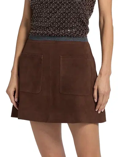 Tanya Taylor Women's Fran Suede Patch Pocket Miniskirt - Chocolate | Thumbnail 3 Tanya Taylor Women's Fran Suede Patch Pocket Miniskirt - Chocolate | Thumbnail 3